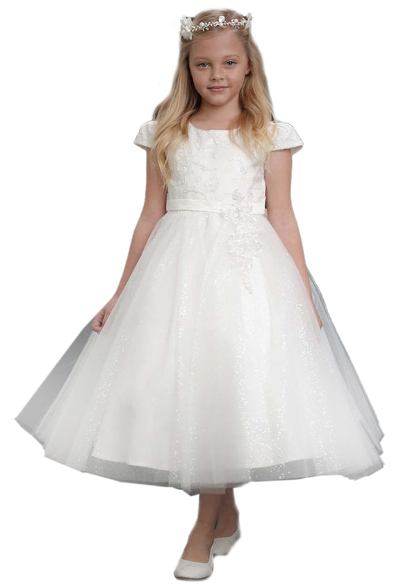 Petite Adele Big Girls White Shimmery Mesh Embroidered Communion Dress 8-12 - SophiasStyle.com